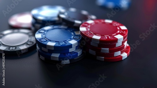  Stack of colorful poker chips on black gambling table, casino game concept for betting and gaming industry