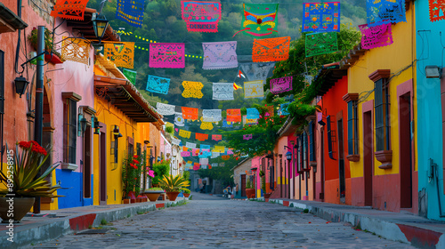 fondoartistico de las calles de un pueblo en mexico con papel picado de decoracion con casas coloridas calle empedrada pueblo pintoresco y colonial tradicion y cultura