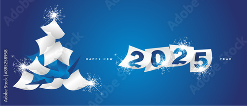 We wish you Happy New Year 2025. Beautiful winter holiday greeting card design template on blue background. White blue paper in the form of Christmas tree and New Year 2025 with calendar sheets