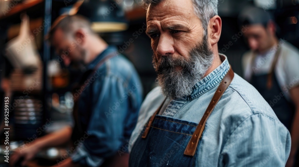 A person in an apron and beard, potentially a craftsman or DIY enthusiast A person in an apron and beard, potentially a craftsman or DIY enthusiast