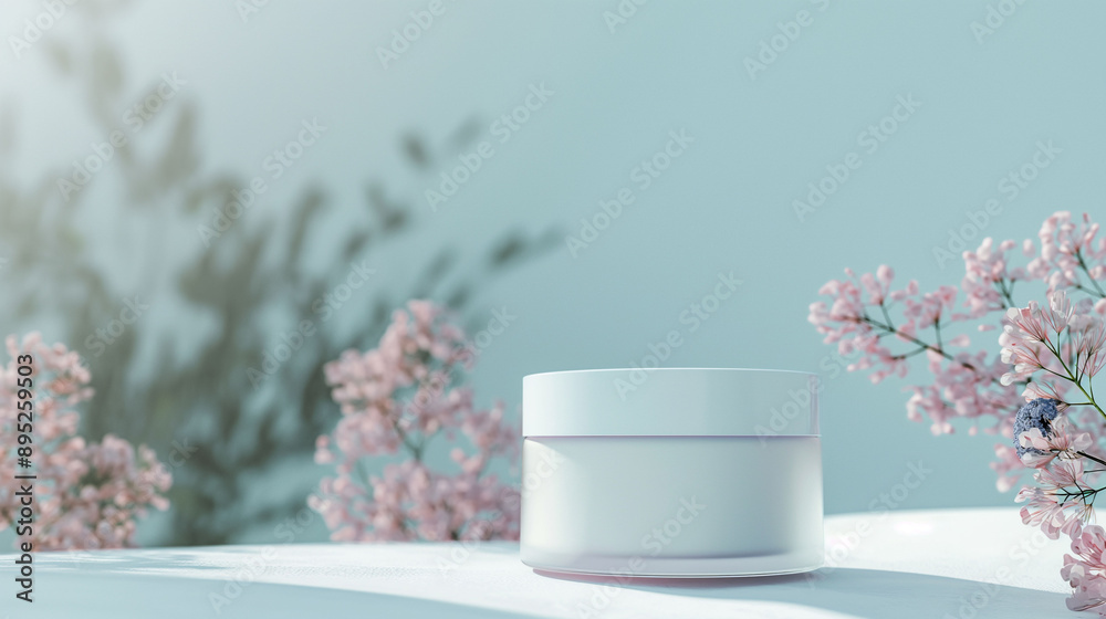 An empty white cosmetic jar with a floral background, creating a serene and elegant ambiance, beauty product concept with mock up and copy space An empty white cosmetic jar with a floral background, creating a serene and elegant ambiance, beauty product concept with mock up and copy space