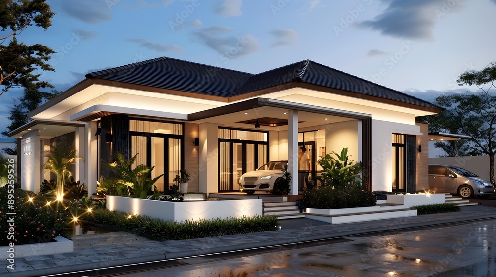 Fototapeta premium Modern Minimalist House Design with Car and Landscape