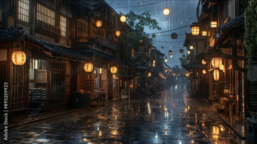 Fototapeta premium Japan street at night with hanging light bulbs