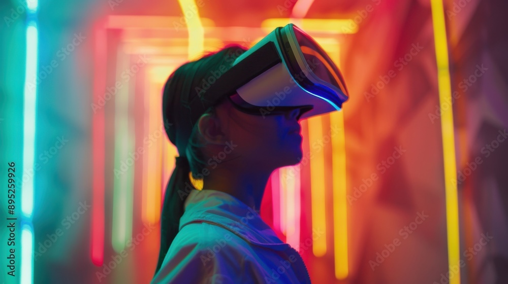 Person enjoying virtual reality with VR headset and colorful lights