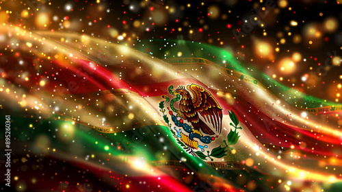 bandera mexicana en movimiento con colores vivos y destellos de confeti y luces fondo para celebrar el dia de la independencia de mexico photo