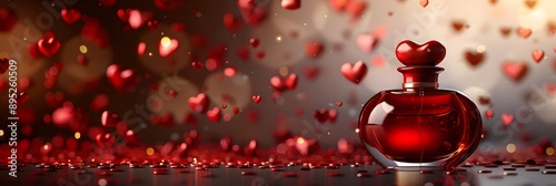 Red heart perfume bottle with tiny hearts and a fancy Valentine's Day background.

 photo