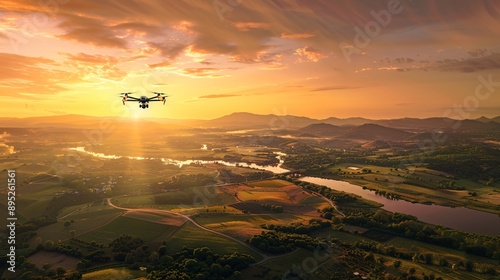 A drone with its camera angled downwards, hovering over a vibrant landscape of rolling hills, meandering rivers, and patchwork fields bathed in the golden glow of sunset.