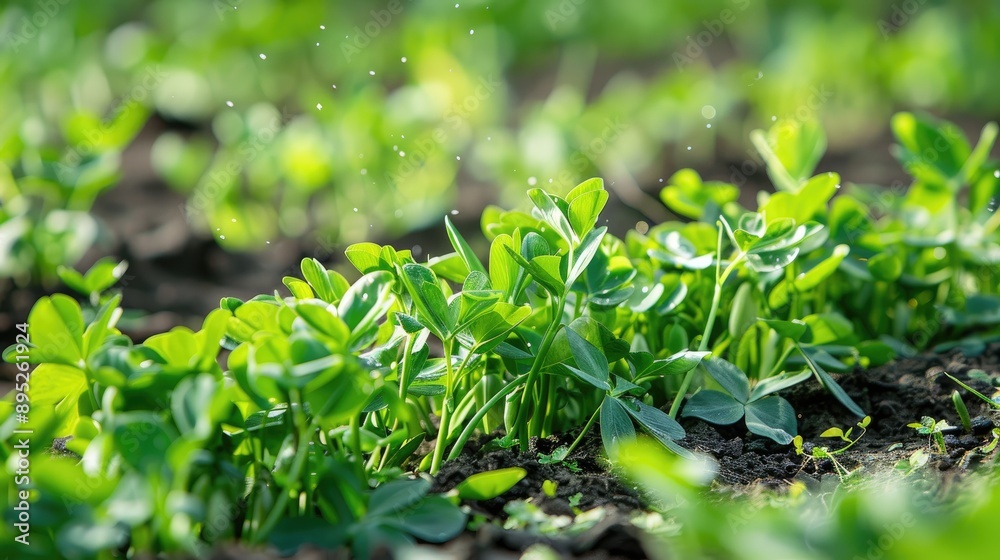 Selective focus on young pea plants in a spring garden Selective focus on young pea plants in a spring garden