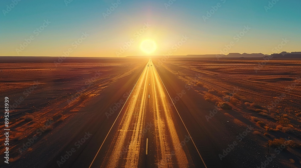 Fototapeta premium A straight stretch of highway cutting across a vast desert landscape, with the rising sun casting long shadows from the few vehicles traveling across its expanse.