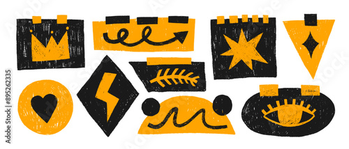 Collection of sticker notes with fun crayon drawn doodle illustrations. Modern punk or cartoon notes with cool abstract geometric shapes and dry rough texture. Crown, arrow and star shapes.