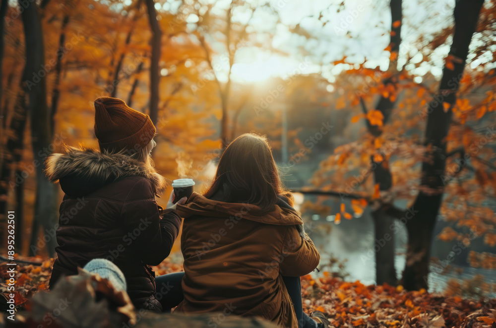 Naklejka premium Two women with cups of coffee sit by the water in a park among orange autumn leaves