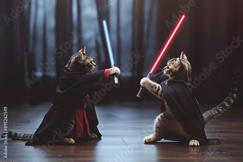 Two cats are fighting with lightsabers in front of a temple.
