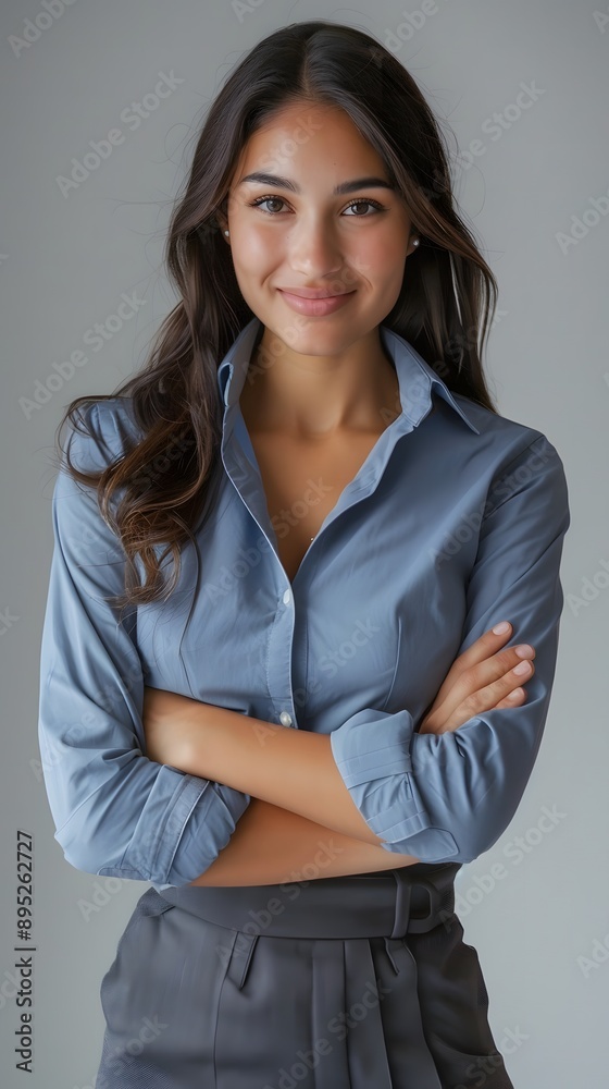 Happy Latina Business Woman in Blue Shirt and Grey Skirt Happy Latina Business Woman in Blue Shirt and Grey Skirt