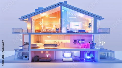 Cross section of a house with smart home connections, wifi stations, icons