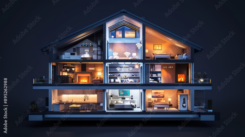 Cross section of a house with smart home connections, wifi stations, icons Cross section of a house with smart home connections, wifi stations, icons