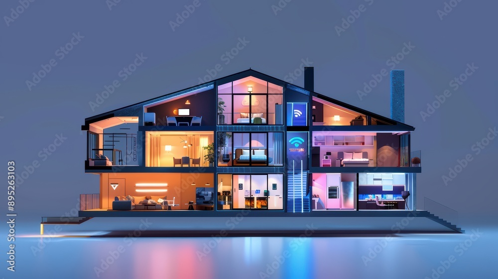 Cross section of a house with smart home connections, wifi stations ...