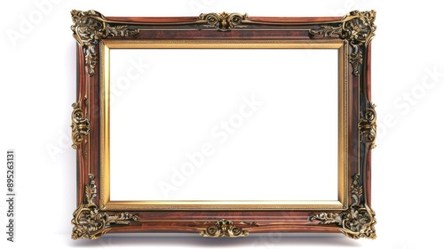 Traditional art theme with brown wood and gold frame for photo or picture isolated on white background
