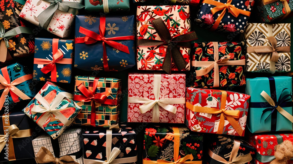 A collection of wrapped Christmas presents in festive patterns and colors, each adorned with ribbons and bows, creating a cheerful holiday display A collection of wrapped Christmas presents in festive patterns and colors, each adorned with ribbons and bows, creating a cheerful holiday display