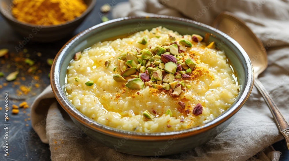 Saffron Infused Rice Pudding with Pistachio Crunch Saffron Infused Rice Pudding with Pistachio Crunch
