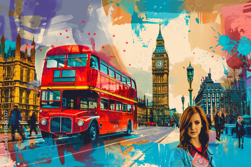 A Pop Art Portrait of London, Featuring a Red Double-Decker Bus and Big Ben