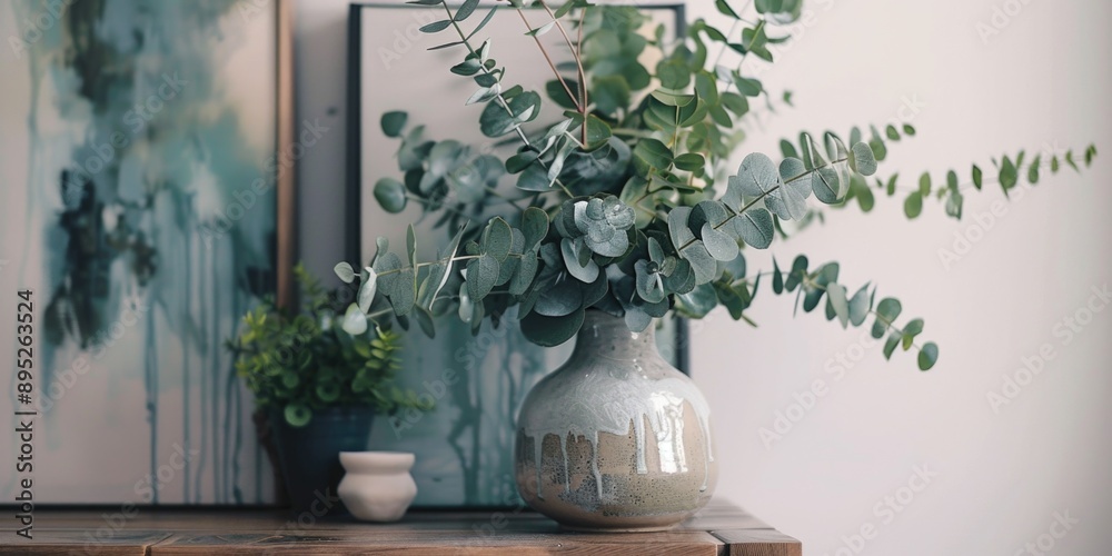 A vase filled with green plants sits on top of a wooden table, perfect for home or office decor