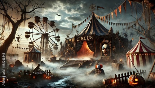 Spooky Halloween Circus Tent with Jack-o'-Lanterns Background, Skeleton, Bats, and Cobwebs in a Foggy Night Setting - Perfect for Halloween Themes