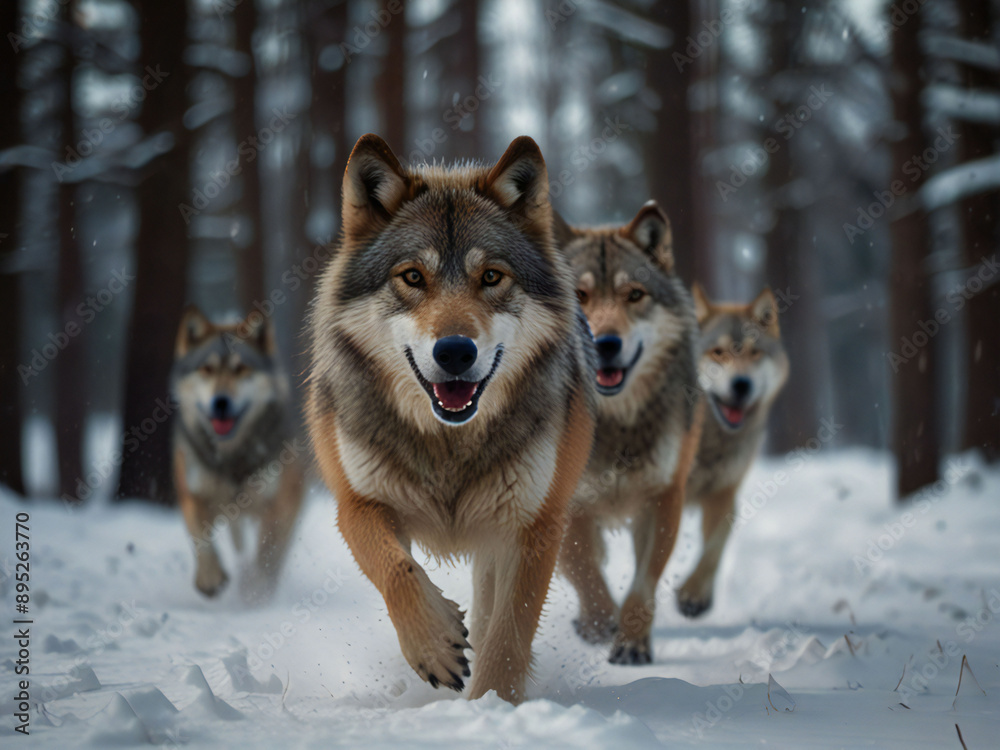 A pack of wolves running through the forest A pack of wolves running through the forest