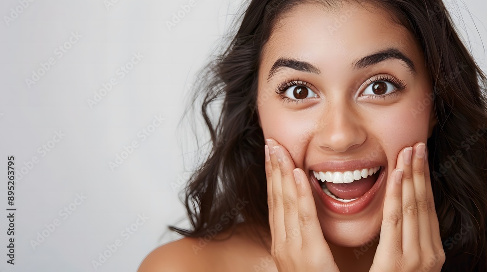 Young Latina Woman Smiling at the Camera on a Light Background Young Latina Woman Smiling at the Camera on a Light Background