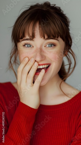 Young woman smiling at the camera with a hand on her mouth

 photo