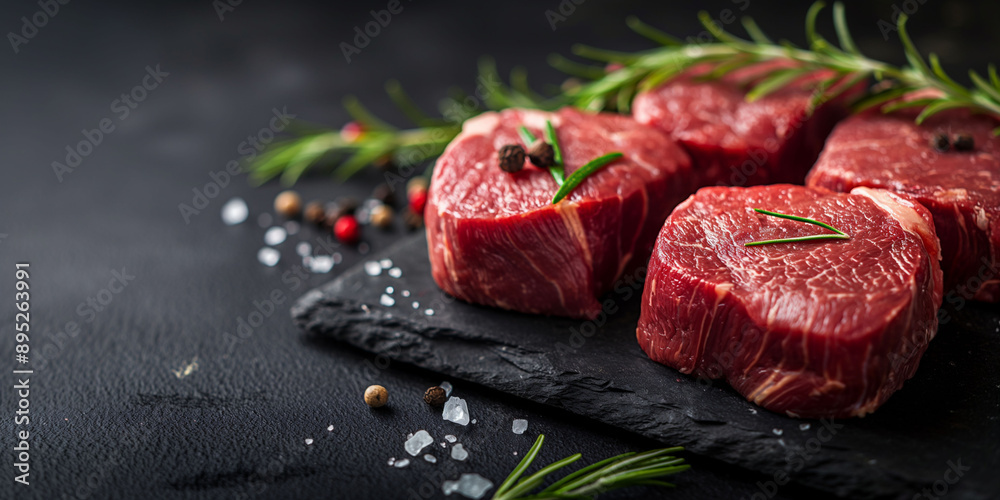 Raw beef steaks on black surface, seasoned with herbs and spices, on a black slate board, ready for cooking, gourmet meal preparation concept, copy space Raw beef steaks on black surface, seasoned with herbs and spices, on a black slate board, ready for cooking, gourmet meal preparation concept, copy space