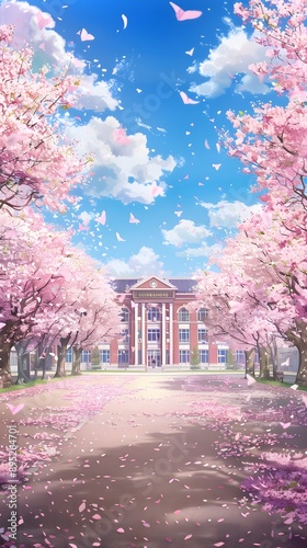 Bright, Sunny Day at School with Cherry Blossom Trees