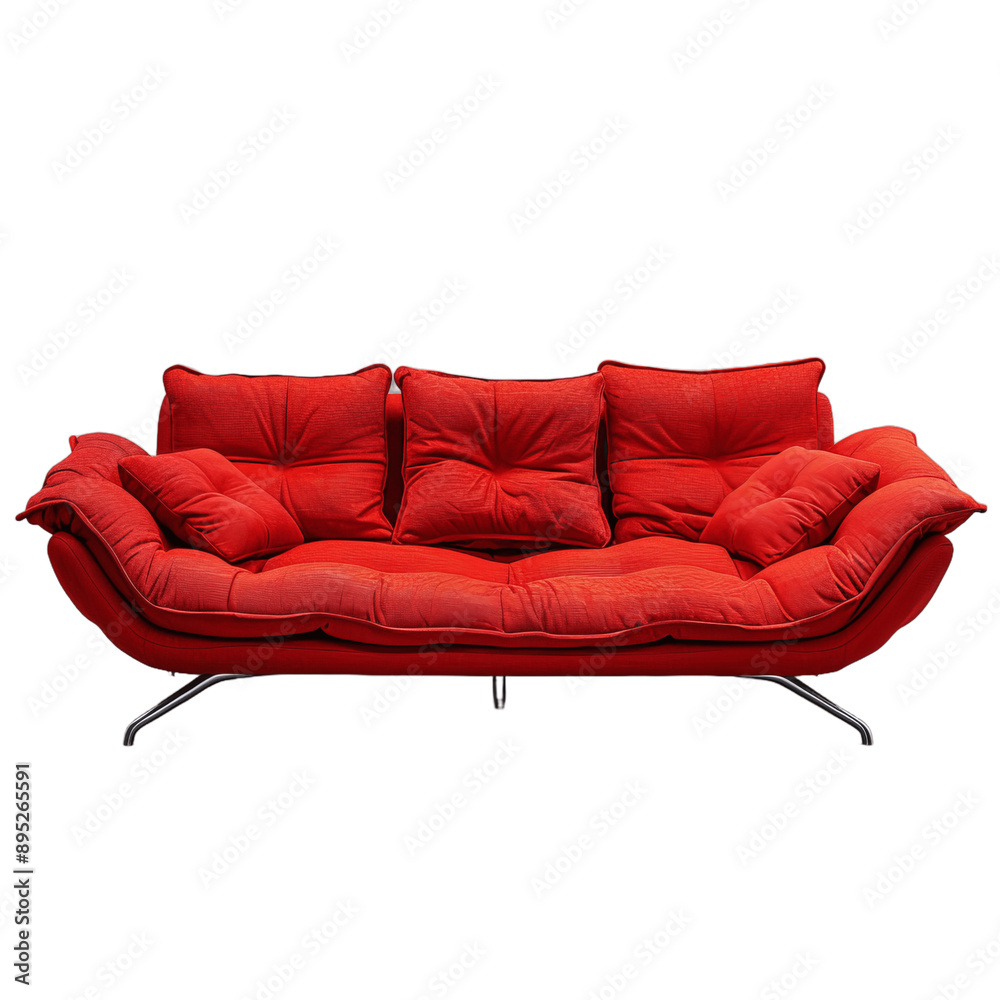 Fototapeta premium Red fabric sofa on brushed metal legs with pillows isolated on transparent background