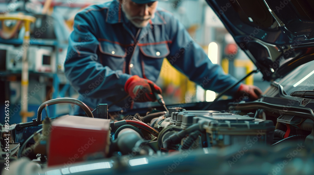 An auto mechanic working on the battery of an electric car, with focus and depth blur effect An auto mechanic working on the battery of an electric car, with focus and depth blur effect