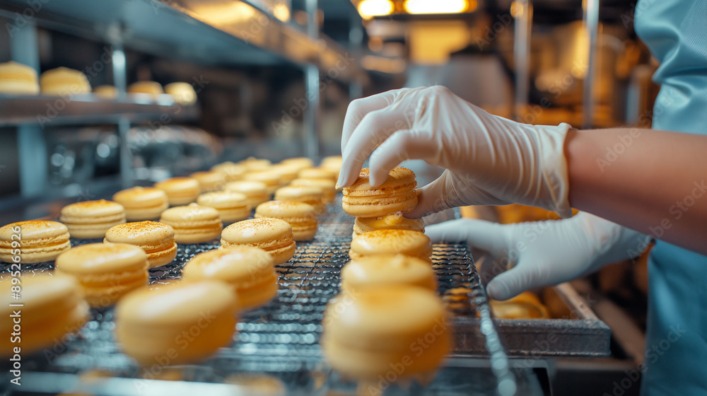 The process of assembling french macarons by a gloved hand in a professional kitchen, close up, food preparation concept The process of assembling french macarons by a gloved hand in a professional kitchen, close up, food preparation concept