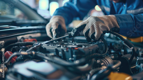 An auto mechanic working on the battery of an electric car, with focus and depth blur effect