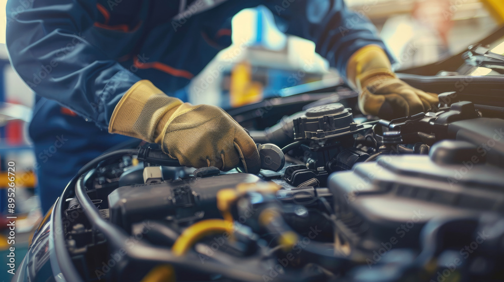 An auto mechanic working on the battery of an electric car, with focus and depth blur effect An auto mechanic working on the battery of an electric car, with focus and depth blur effect