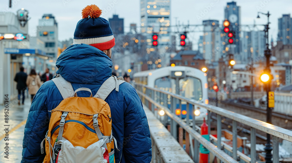 Fototapeta premium A man walks toward a train station in a city, wearing a blue jacket and carrying a yellow backpack