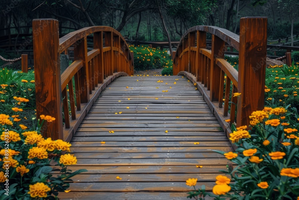 A wooden bridge walkway surrounded by yellow flowers - generative ai A wooden bridge walkway surrounded by yellow flowers - generative ai