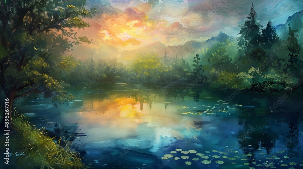 Oil painting of acrylic landscape nature photography
