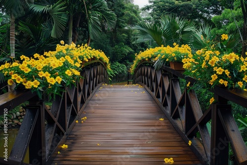 A wooden bridge walkway surrounded by yellow flowers - generative ai