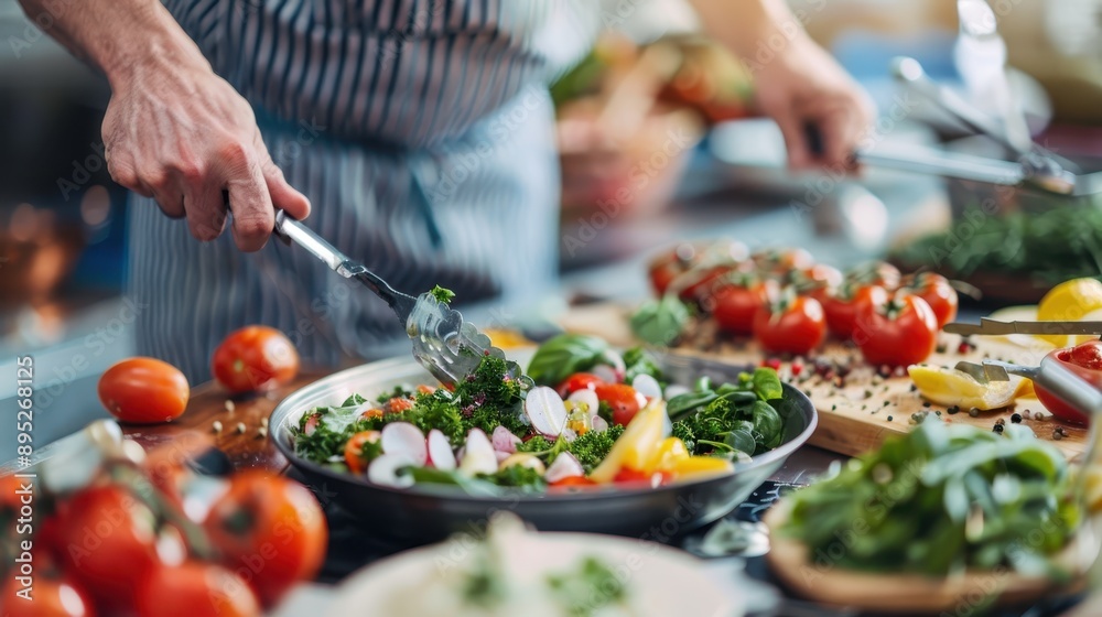 A person preparing a fresh and colorful salad, with an assortment of vegetables arranged on a table, ready to be mixed, highlighting healthy eating and culinary presentation. A person preparing a fresh and colorful salad, with an assortment of vegetables arranged on a table, ready to be mixed, highlighting healthy eating and culinary presentation.