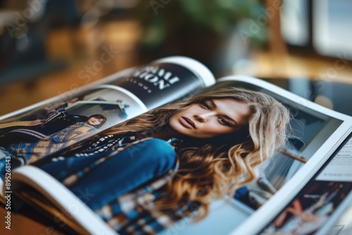 A woman's face on the front page of a magazine, useful for editorial or promotional purposes