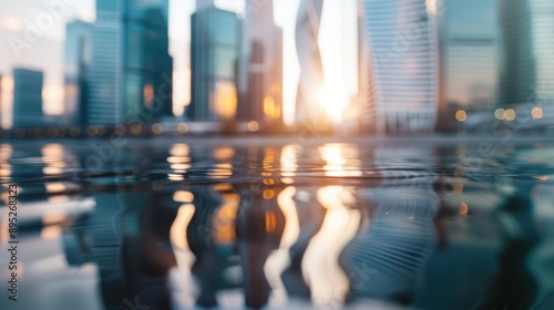 Wallpaper Mural The image captures a breathtaking city skyline with towering buildings reflecting over calm, serene water during sunset, highlighting urban beauty and tranquility. Torontodigital.ca