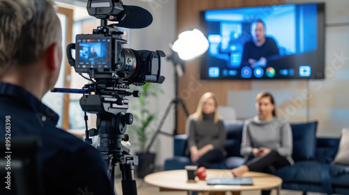 A professional video camera is filming an interview in the living room of one person photo