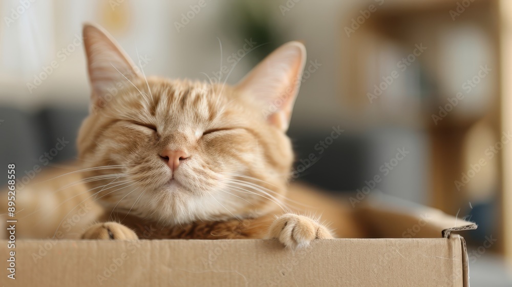 An adorable orange tabby cat is enjoying a peaceful nap with eyes closed, comfortably nestled inside a cardboard box in a cozy indoor setting. An adorable orange tabby cat is enjoying a peaceful nap with eyes closed, comfortably nestled inside a cardboard box in a cozy indoor setting.