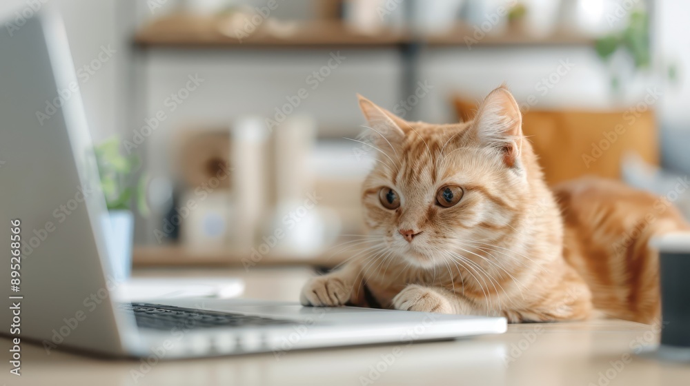A curious ginger cat inspects a laptop on a modern desk setup. The room is styled with contemporary decor, and the cat appears engrossed with the screen. A curious ginger cat inspects a laptop on a modern desk setup. The room is styled with contemporary decor, and the cat appears engrossed with the screen.