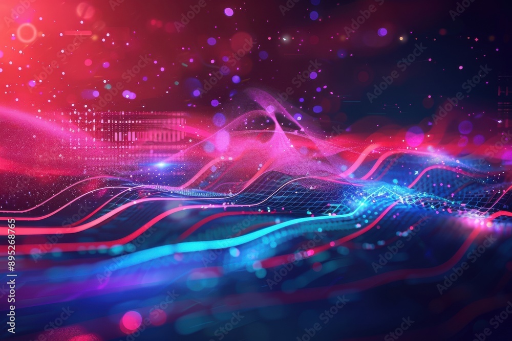Abstract digital background with vibrant colors and glowing lines.