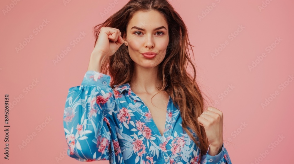 beautiful woman in flower blouse with fighting pose while smiling at camera on pink background