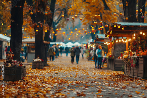 People shopping at autumn fair, harvest festival