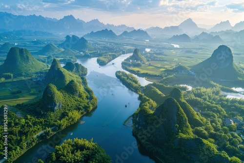 Aerial view of beautiful mountain and water natural scenery in Guilin, China. Guilin is a world famous tourist resort. Here are the most widely distributed karst landforms in China - generative ai